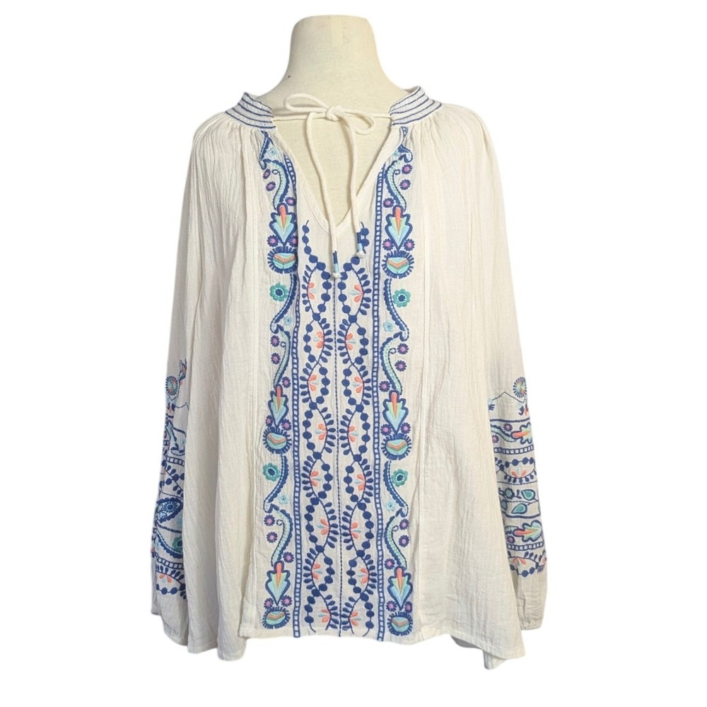 Sundance Embroidered Peasant Blouse XL Boho Cotton Gauze India Tie Neck Top